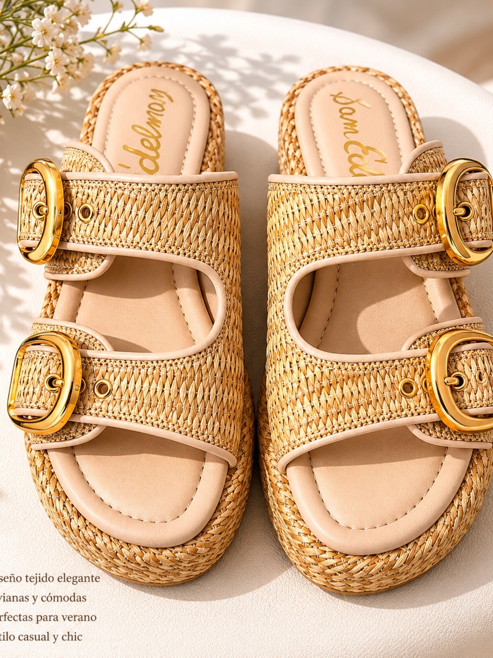 Sam Edelman Natural Woven Double-Buckle Slide Sandals